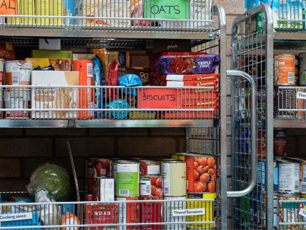 A metal shelving unit containing groceries including biscuits, tins, cereals, fruit and vegetables