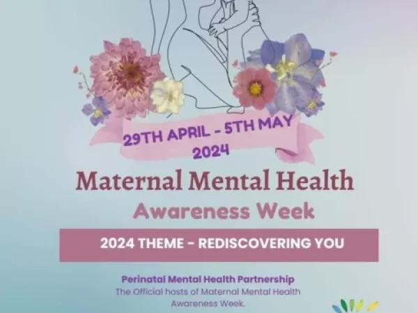 maternal mental health awareness week poster, with outline of mother holding a baby and flowers 