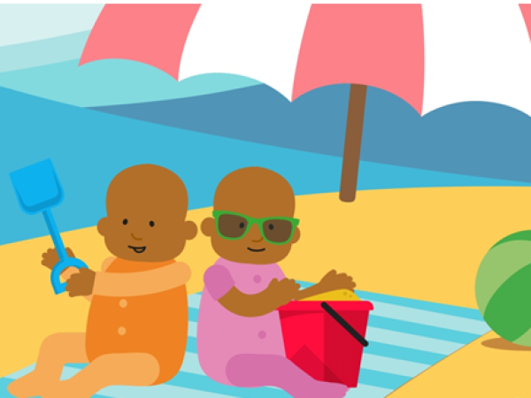 Cartoon image of two babies on a beach under an umbrella
