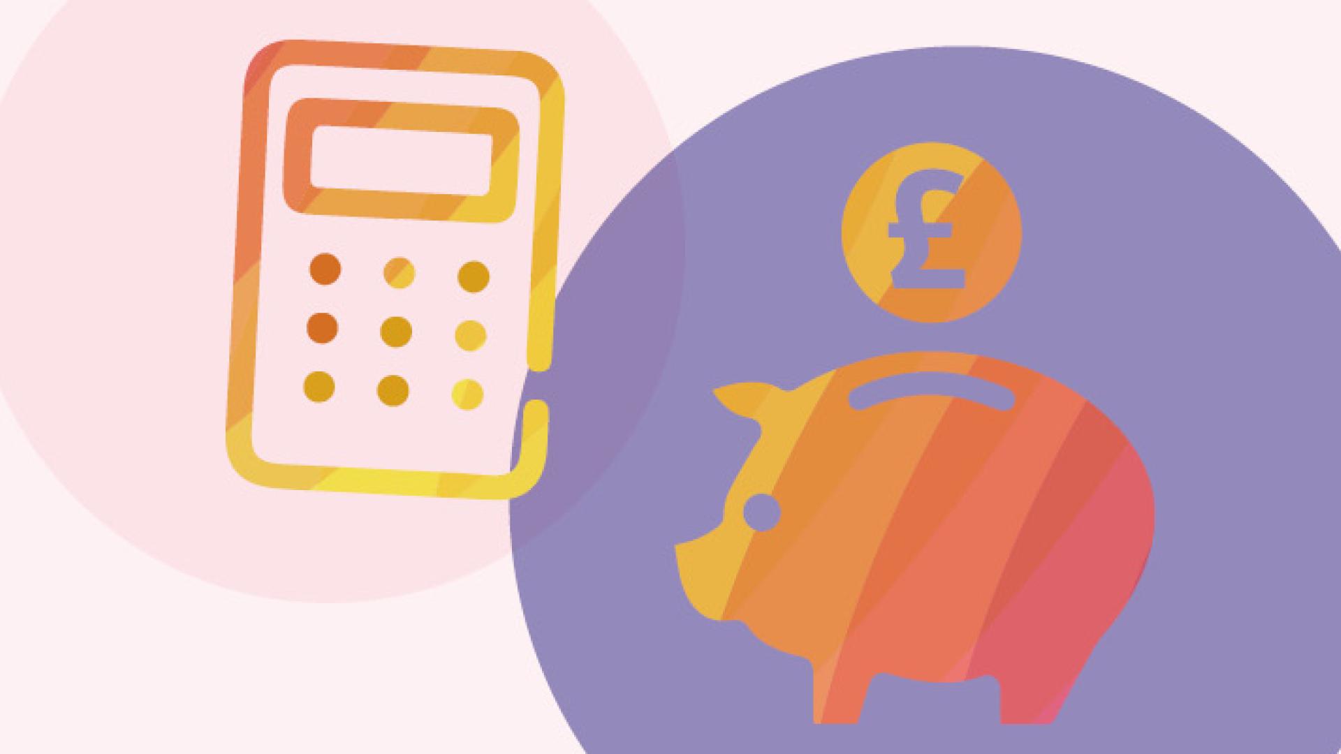 Icon showing a calculator and coin over a piggy bank