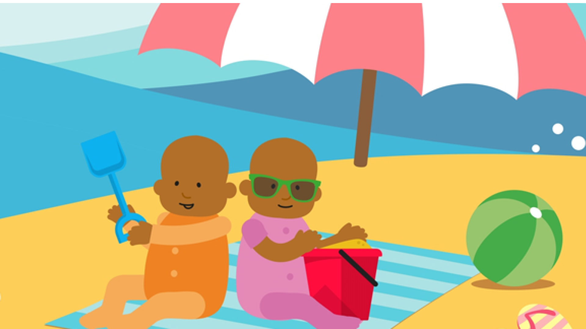 Cartoon image of two babies on a beach under an umbrella